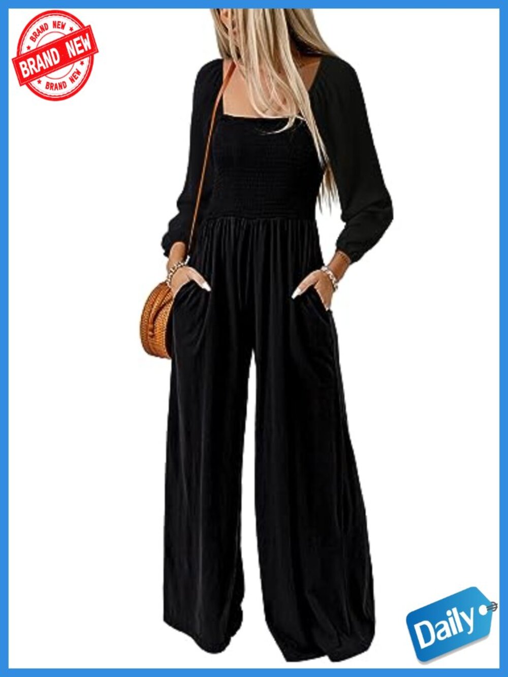 Wide Leg Jumpsuit Long Sleeve Square Neck Loose Fit Romper with Pockets